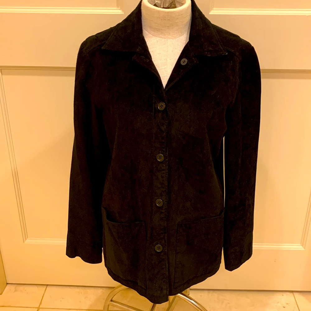 NEW FRONTIER BLACK SUEDE BUTTON UP JACKET WITH REMOVABLE TIE BELT- SIZE SMALL - Picture 2 of 10